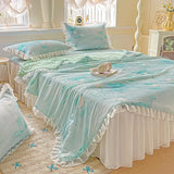 Yeknu  Sweet Floral printed Cool Summer blanket Lace and Ruffle Quilt for Home Skin-Friendly breathable air conditioner Comforters