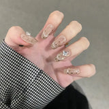 Yeknu  10pcs Handmade Press On Nails Nude Pink Cat Eye With Polka Dots&Rhinestones Short Square False Nails Reusable for Women&Girl