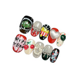 Yeknu  10pcs Handmade Christmas Press on Nails 3D Bow Pearl Love Cherry Design Fake Nails Wearable Sweet Cute Short Round False Nails