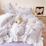 Yeknu  New Yunsoft Cotton Korean INS Age Reduction Lace Cartoon Four-Piece Set Quilt Cover Set Girls Bedding Set