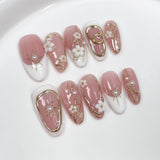 Yeknu  10pcs Gentle Sweet Cool Fake Nails Handmade French Pearl Rhinestone Stick on Nails Shell Relief Cross Press Ons Almond Nails Art