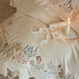 Yeknu Natural Cotton Linen Vintage French Flowers Embroidery Luxury Bedding Set Duvet Cover Flat/Fitted Bed Sheet Pillowcases 4Pcs