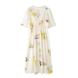 Yeknu  Print Dress Women V Neck Single Breasted Loose Half Sleeves Robe Female Casual Fashion Oversize High Waist Cotton Dresses Lady