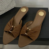 Yeknu  Fashion Design Pleated Hollow Out Thin Low Heels Women Slippers Summer Pointed Toe Party Dress Female Shoes