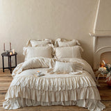 Yeknu  Romantic French Double Layer Lace Ruffles Bedding Set 20% Ramie, 80% Cotton Duvet Cover Set Quilted Bedspread Pillowcases 4Pcs