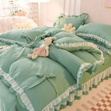 Yeknu Girls Bedding Sets Kawaii Seersucker Bed Sheet Pillowcase Fashion Princess Duvet Cover Solid Color 4 Pieces Cute Home Decoration