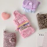 Yeknu  New Girl's Furry Leopard Print Coin Purse,Snap on Card Bag,Key Earphone Storage Bag,Cute Pendant Small Wallet