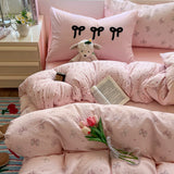 Yeknu Cartoon Bedding Set Ins Korean Towel Embroidery Bed Linen Flat Sheets Set 2 Pillowcases Twin Double Queen Size Duvet Cover Set