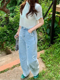 Yeknu  Jeans Spring Pant Women Love Embroidery Fringe Fashion Ladies Trousers Korean Style Loose Pleated Wide Leg Woman Long Pants