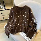 Yeknu  Women's Brown Polka Dot Cardigan Knit Sweater Vintage 2000s Jumper Knitwear Long Sleeves Korean Soft Cozy Sweater Autumn Winter