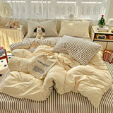 Yeknu Striped Bedding Set Ins Korean Duvet Cover Set Flat Sheets Set With 2 Pillowcases Single Twin Full Queen Size Bed Linen Set