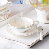Yeknu  European Creative Bone Porcelain Coffee Cup Set Household Ceramic English Tea Set Afternoon Flower Tea Cup 1 Cup 1 Plate 1 Spoon