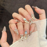 Yeknu  10PCS Pink Nude False Nail with Rhinestones Leopard Cat-Eye Fake Nails Women Girls Party Wedding Wear Handmade Press on Nails