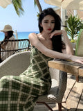 Yeknu  Summer Green Plaid Suspender Dress Women Summer Sleeveless V-neck Sexy Hip-wrapped Long Dress