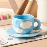 Yeknu 300ML Blue Sky and White Clouds Coffee Cup Tableware Set Hand-painted Ceramic Mug Milk Breakfast Cup Cute Coffee Tableware
