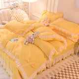 Yeknu Girls Bedding Sets Kawaii Seersucker Bed Sheet Pillowcase Fashion Princess Duvet Cover Solid Color 4 Pieces Cute Home Decoration