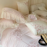 Yeknu 4Pcs Queen Size Flowers Embroidery Bedding Set Duvet Cover Bed Sheet Pillowcases