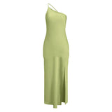 Yeknu  New Summer Fashion Backless Vacation Party Vestidos Satin Sexy Slim Slant Shoulder Solid Color Slit Casual Long Dress Vestidos
