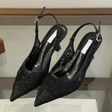 Yeknu  New Design Embroidery Breathable Mesh Pointed Toe Women Pumps Elegant Slingbacks Thin Heels Buckle Strap Shoes