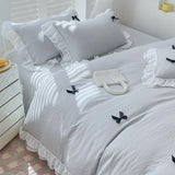Yeknu  French Ins Princess Style Lace Four-piece Set Washed Cotton Embroidered Quilt Cover Set Bow Girly Heart Bed Sheet Three-piece