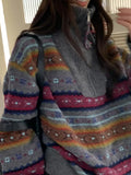 Yeknu  Knitted Floral Striped Print Autumn Pullover Sweater Women Korean Style Loose Fashion Ladies Sweaters Casual Woman Sweater