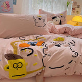 Yeknu Cartoon Animal Embroidery Bedding Set For Adults Kids Cute Flat Fitted Sheet With Pillowcases Washed Cotton Colorful Full Size