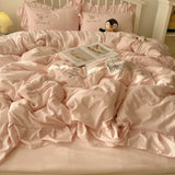 Yeknu  Lace embroidery small fresh and cute girl heart bed four-piece set washed cotton summer bed sheet quilt cover bed hat