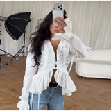 Yeknu  Solid Buttoned Ruffle Tie Ruched Bodice Shirt Cotton Blend Puff Sleeve Cropped Spring Fashion Chic Sweet Women Blouse Top