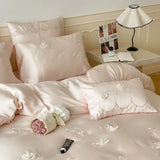 Yeknu French Style Flower Embroidered 100% Lyocell Bedding Set Pink High-end Natural Plant Fibres Duvet Cover Set Coolness Quilt Cover
