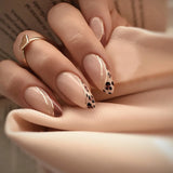 Yeknu 24Pcs Mid-length False Nails with Almond Head Design Brown Gold Lines Fake Nails Oval Wearable French Press on Nail Tips