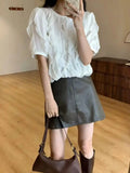 Yeknu  Spring Pullover Long Sleeve Tops Women Loose Pleated Fashion Ladies Cropped Blouses Ruffled Lace Mesh Hollow Woman Tops