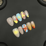 Yeknu  10pcs Handmade Short Almond Fake Nails Summer Ocean Blue Starfish False Nails Wearable Sweet Cool European Press on Nails