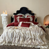 Yeknu  Chiffon Ruffled Lace Ruffles Embroidery Princess Wedding Bedding Set Egyptian Cotton Duvet Cover Quilted Bedspread Pillowcases