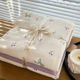 Yeknu Ins floral print Bedding set knitted cotton Flat sheet set Four pieces duvet cover double layer-yarn 4Pcs Cute Fitted sheet