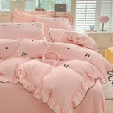 Yeknu  French Ins Princess Style Lace Four-piece Set Washed Cotton Embroidered Quilt Cover Set Bow Girly Heart Bed Sheet Three-piece