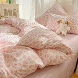 Yeknu 2025 new class A aerobic knitted cotton printing small fresh four-piece set, bed sheet, bed hat four-piece set