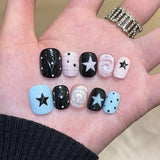 Yeknu  10Pcs Handmade Press On Nails Short Square Fake Nails Black Pink Blue Star & Polka Dot Full Cover Reusable False Nails for Women