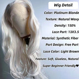 Yeknu  Platinum Blonde Wig Natural Wavy Synthetic Hair Lace Front Wig Long Curly Colored White Blonde Lace Frontal Wigs for Women Party