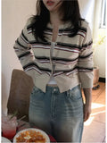 Yeknu  Knitted Autumn Cardigan Women Slim Fashion Striped Print Ladies Cropped Cardigans Korean Style Woman Sweater Coats