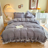 Yeknu 4Pcs White Korean Princess Style 100% Cotton Bedding Set Double Layer Lace Ruffles Duver Cover Bed Skirt Bedspread Pillowcases