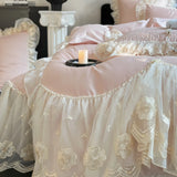 Yeknu  4Pcs Pink Romantic Lace Ruffles Princess Wedding Bedding Set 100% Cotton Duvet Cover Bed Sheet Or Quilted Bedspread Pillowcases