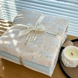 Yeknu Ins floral print Bedding set knitted cotton Flat sheet set Four pieces duvet cover double layer-yarn 4Pcs Cute Fitted sheet