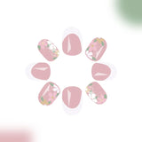 Yeknu  Short Glossy Oval Press-On Nails with French Glitter Tips Spring Flower Designs False Nail Tips for Women&Girls Manicure Look