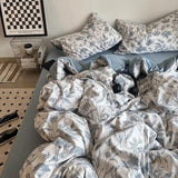 Yeknu Korean Style Ins Retro Fresh Floral Washed Cotton Bed Four Piece Duvet Set, Student Dormitory Bed Sheet Three Piece Set