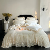 Yeknu  4Pcs Pink Romantic Lace Ruffles Princess Wedding Bedding Set 100% Cotton Duvet Cover Bed Sheet Or Quilted Bedspread Pillowcases