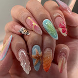 Yeknu  24Pcs 3D Blue Starfish Press on Nails Shell Wave Pattern Fake Nail Short Almond Full Coverage Nail Tip for Women&Girl False Nail