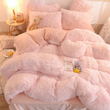 Yeknu  Winter Warm Long Plush Pink Bedding Set Queen Mink Velvet Double Duvet Cover Set with Fitted Sheet Warmth Quilt Covers