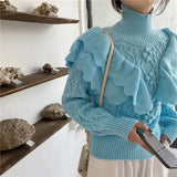 Yeknu  Knitted Autumn Pullover Sweater Women Turtleneck Ruffle Pleated Ladies Sweaters Top Long Sleeve Modis Korea Style Woman Top