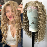 Yeknu  Loose Curly Synthetic Lace Front Wigs for Women Ash Blonde Wig Glueless Pre Plucked Dirty Blonde Deep Curly 13X4 Lace Frontal