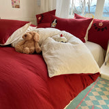 Yeknu Solid Colour embroidery Bedding Set For adults kids Ankela Red Red Flat Sheet With Pillowcases Colorful King Queen Full size